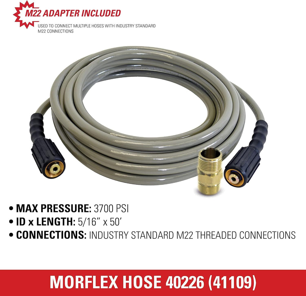 SIMPSON 50ft coiled beside yard tools showing scale and convenient storage benefit