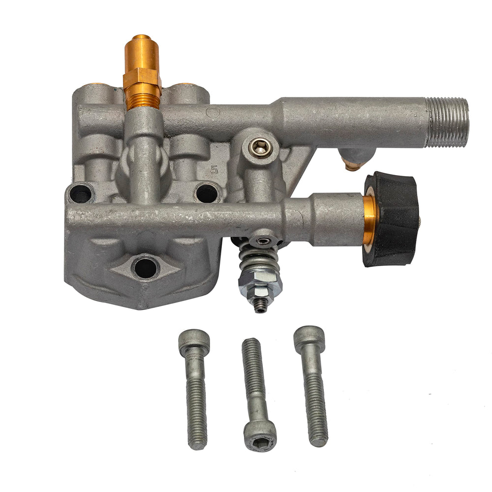 SIMPSON manifold installed on an axial cam pump demonstrating direct-fit repair