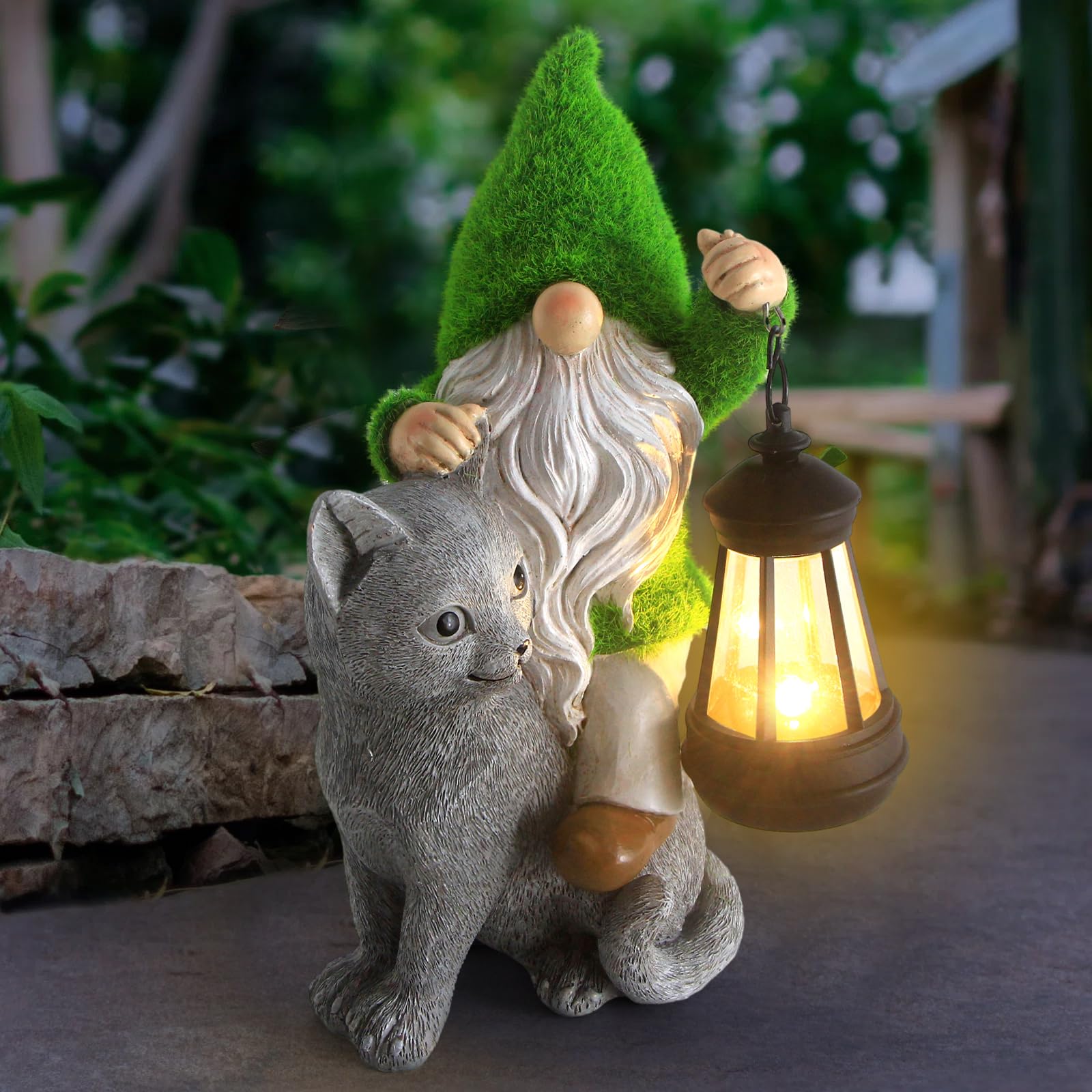 Sinhra garden gnome front view showing lantern and flocked finish for whimsical curb appeal