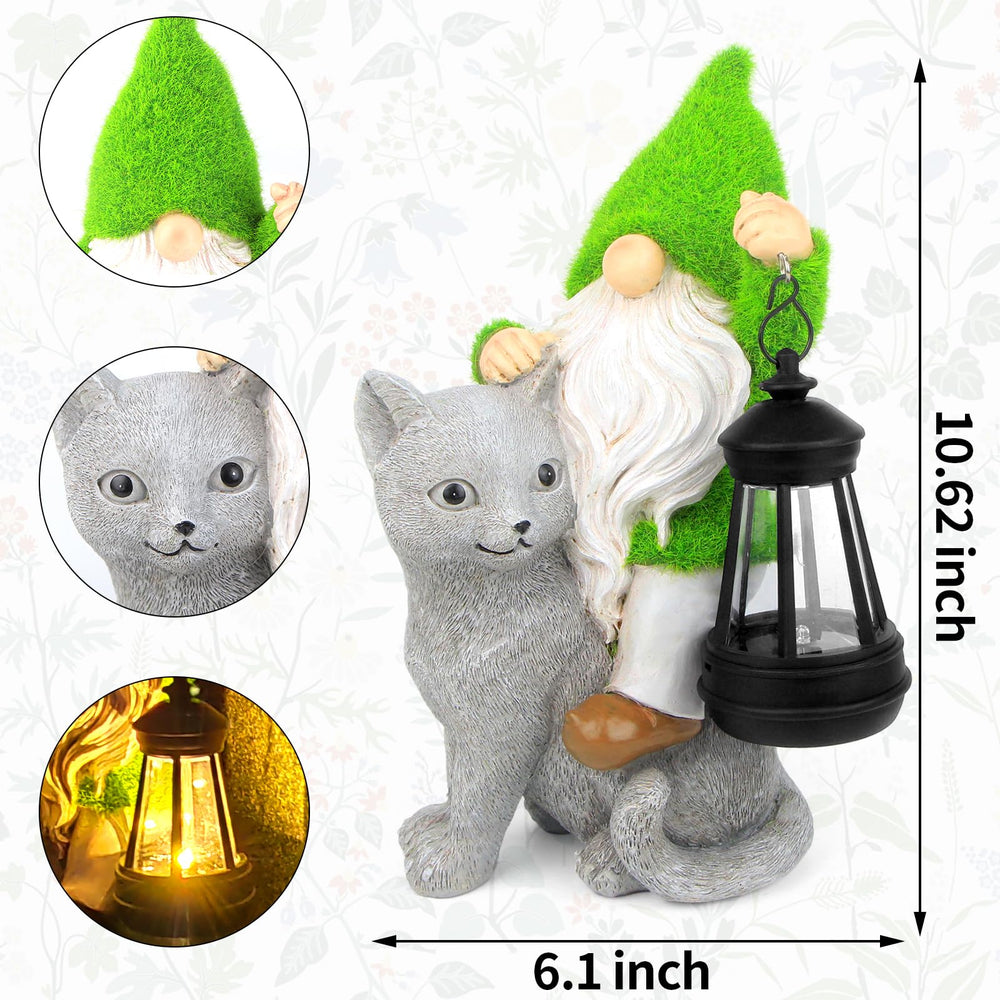 Sinhra gnome placed on a porch among potted plants adding nighttime accent light