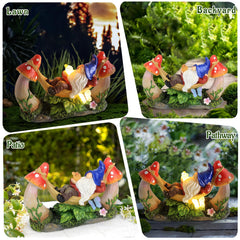 Sinhra gnome on patio among plants showing charming decor and soft light
