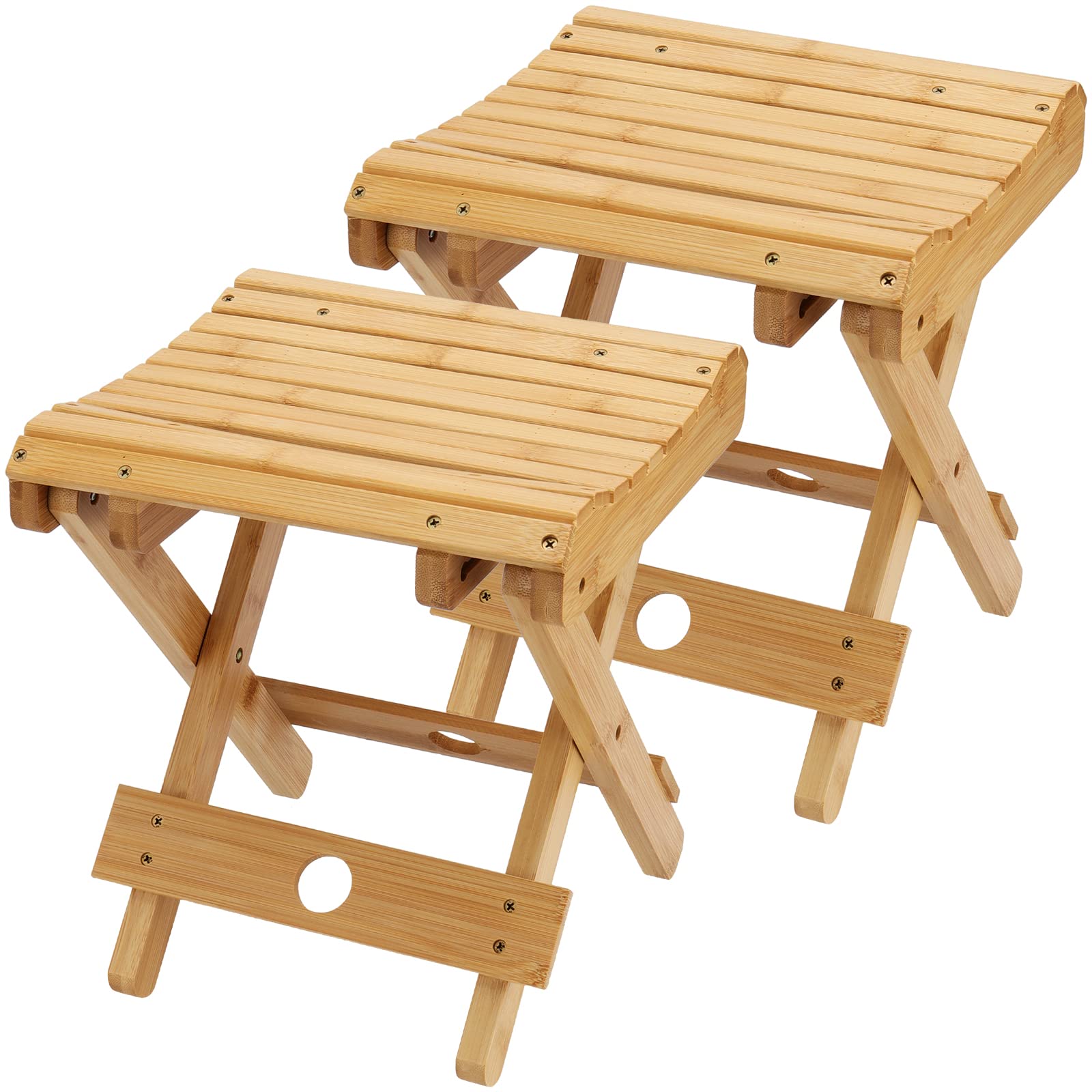 SINJEUN front view showing folded and unfolded stools for compact storage benefit