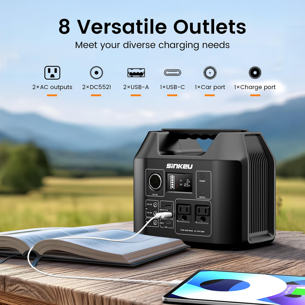 SinKeu side ports close-up highlighting USB, DC, and AC outlets for device versatility