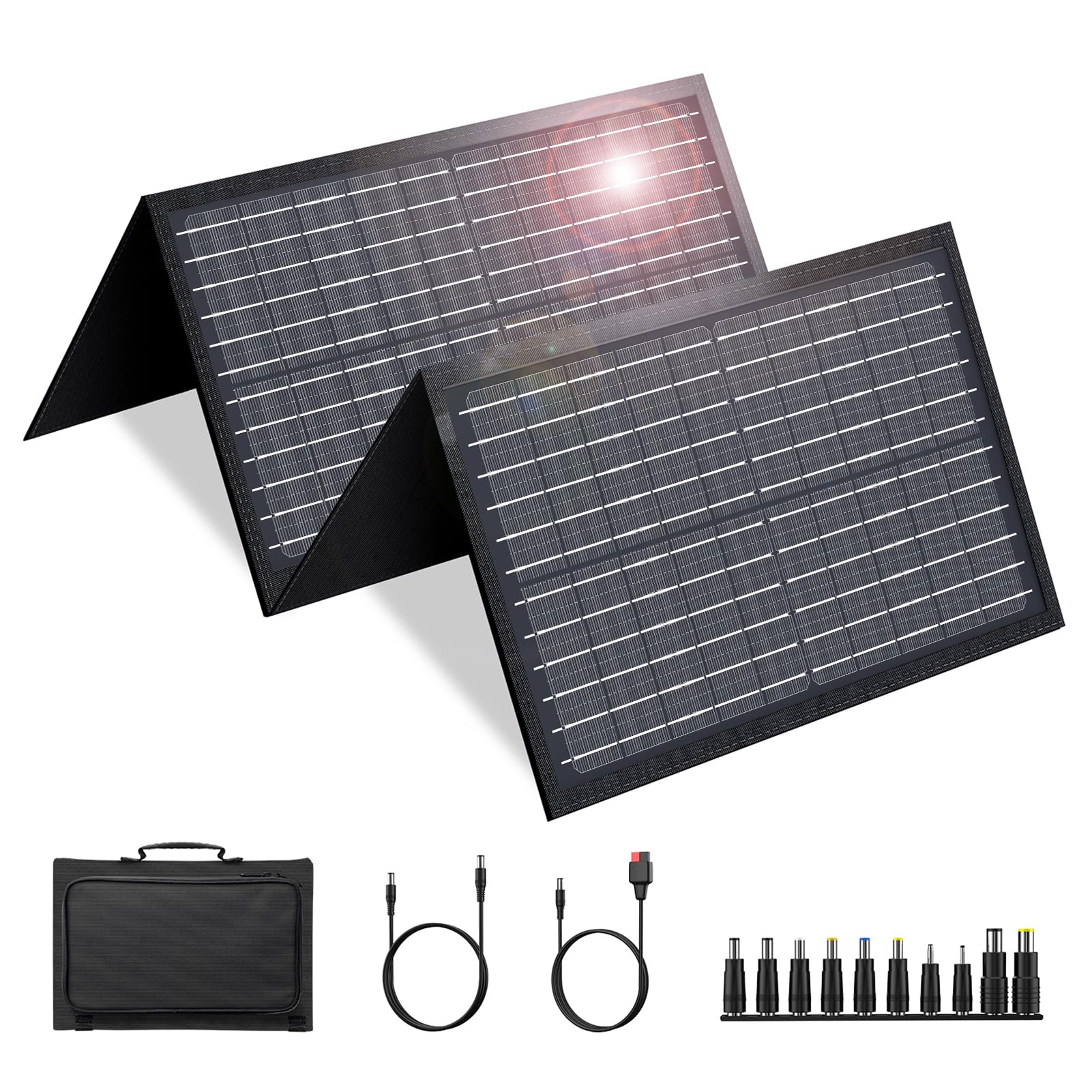 SinKeu front view of 60W foldable panel showing cells and handle, durable charging solution