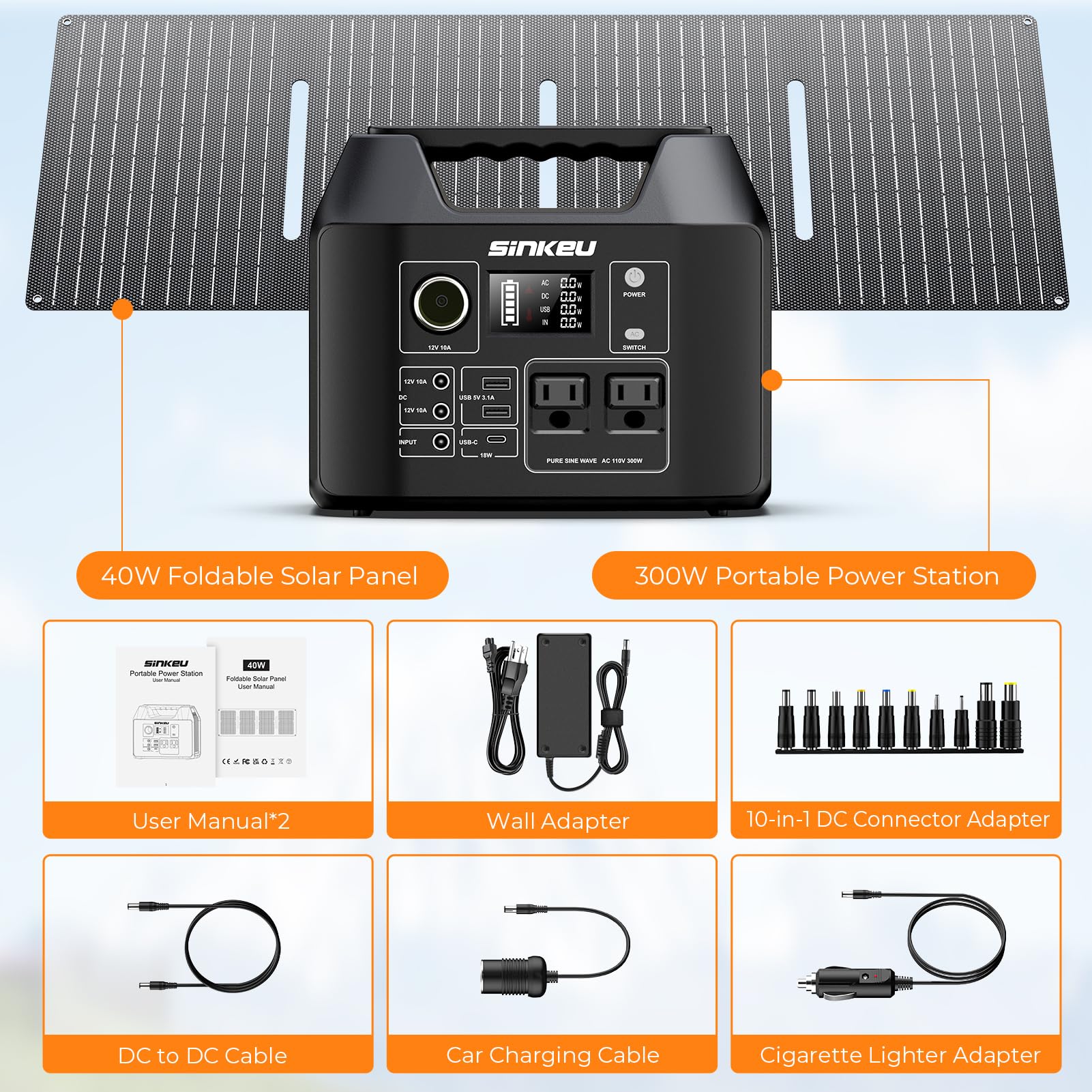 SinKeu accessories spread out including cables and charger, ready-to-use kit