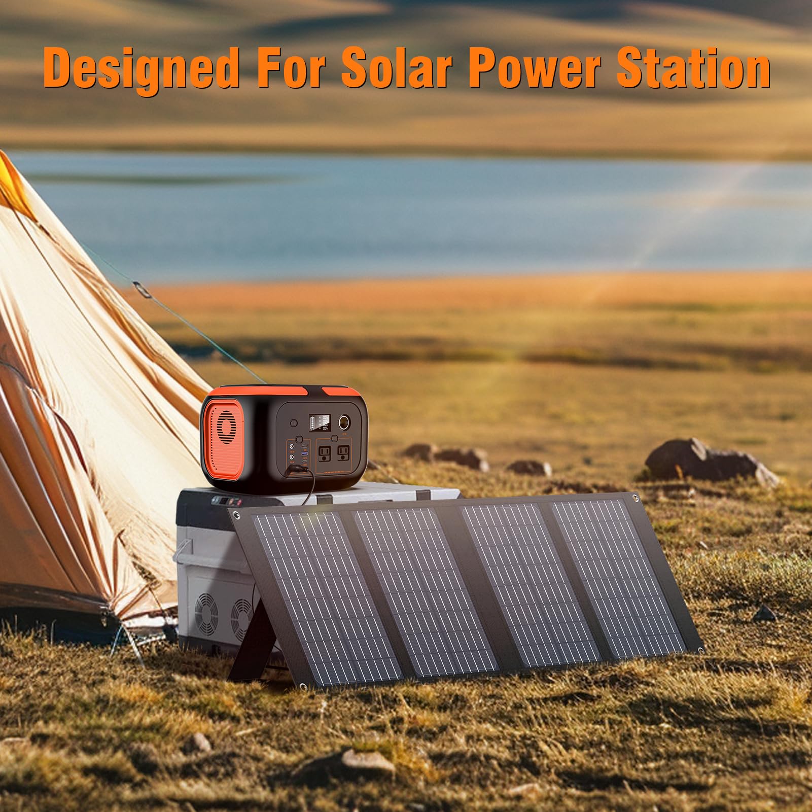SinKeu panel connected to a portable power station charging outdoors