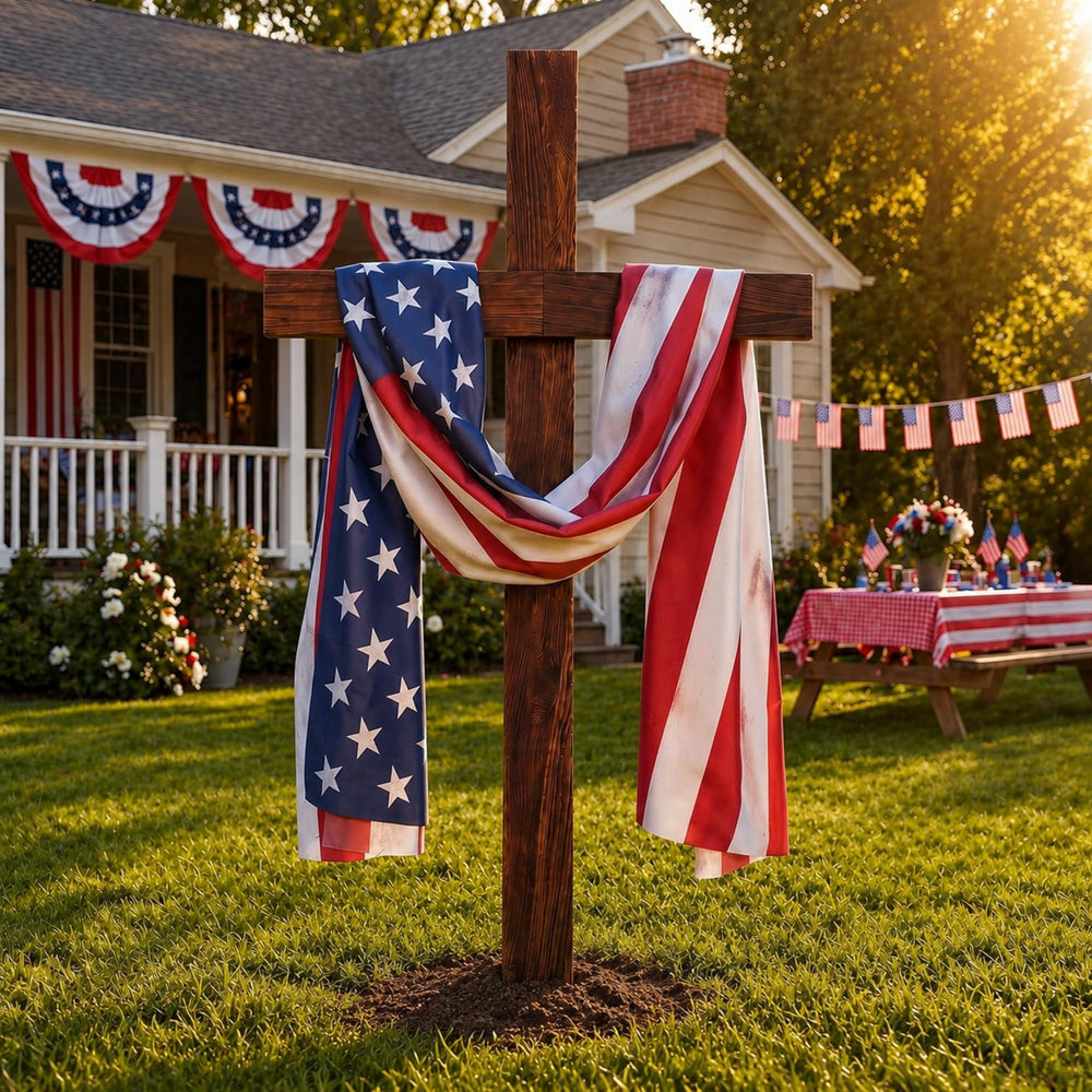 Sintuff front-facing standing cross showing patriotic impact and curb appeal