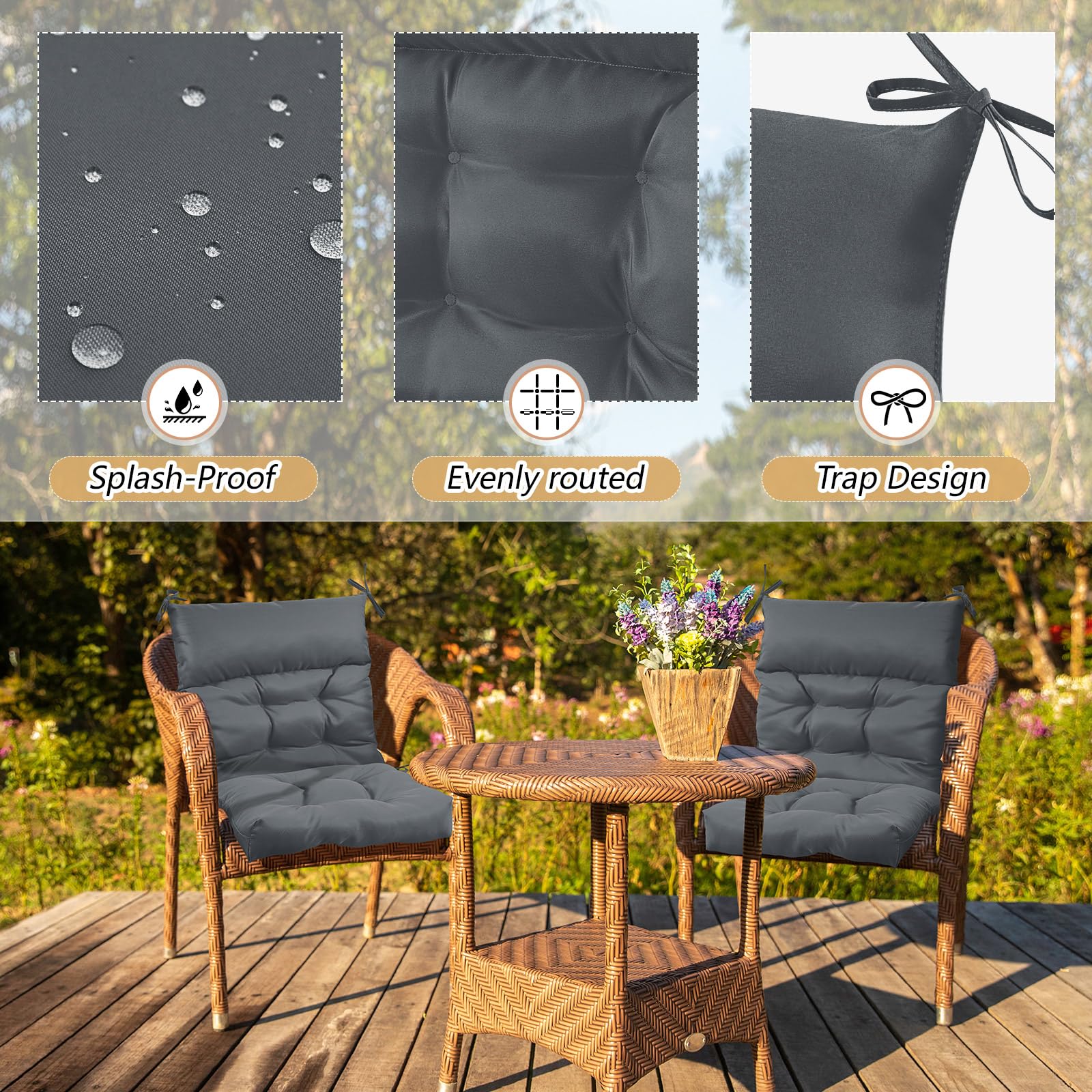 Sintuff cushion mounted on patio chair demonstrating stable tied fit and comfort