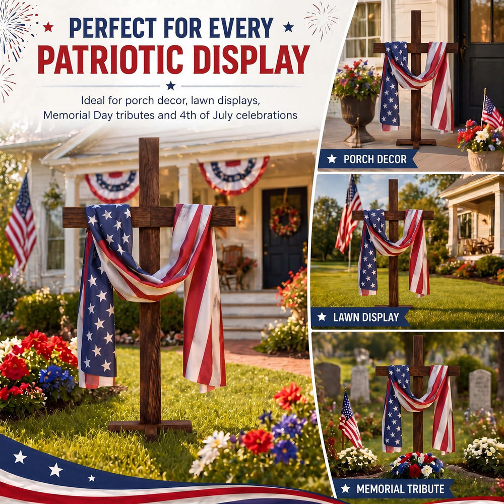 Sintuff packaged cross with included flag fabric showing ready-to-display benefit