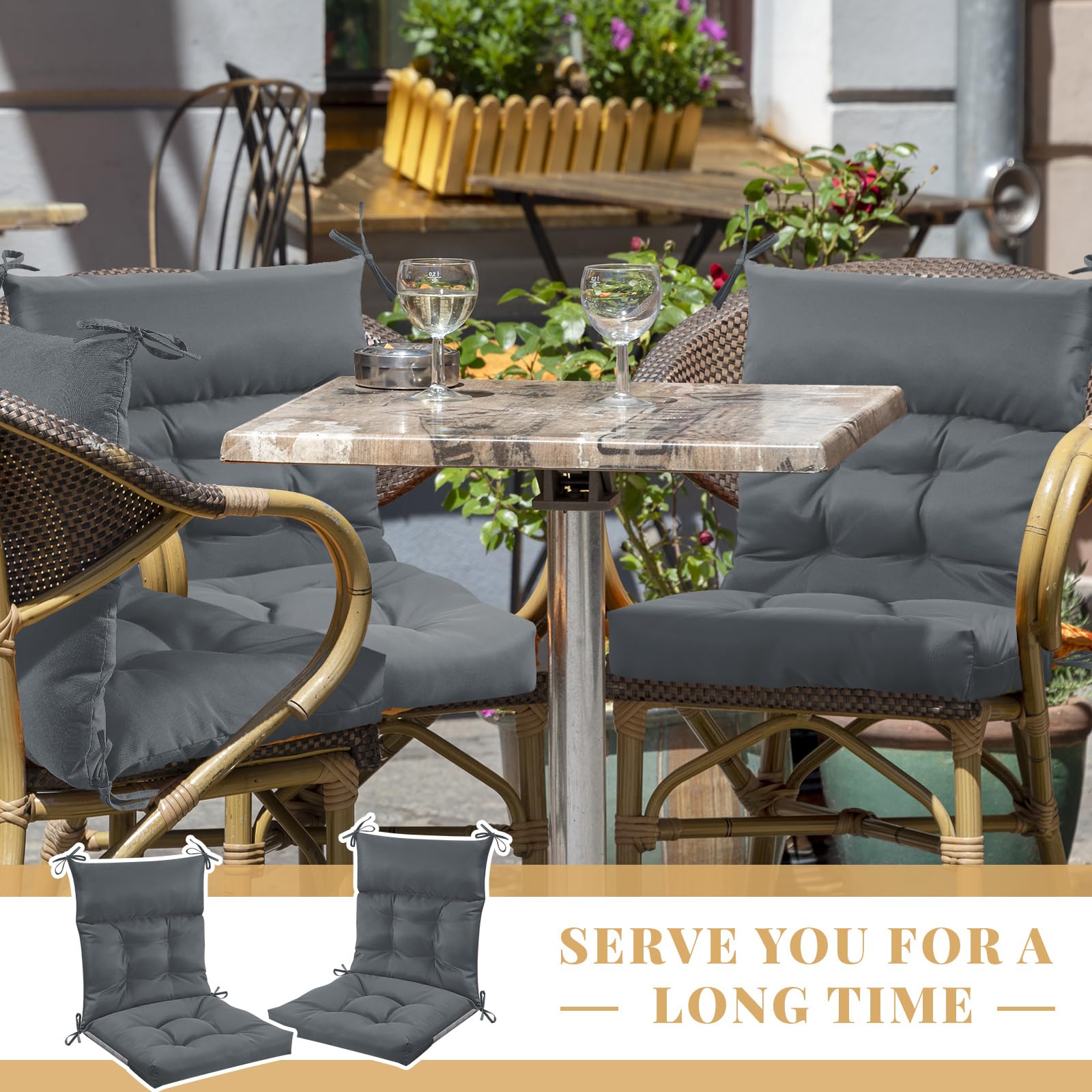 Sintuff cushion next to chair seat measuring 44 by 21 inches for size clarity