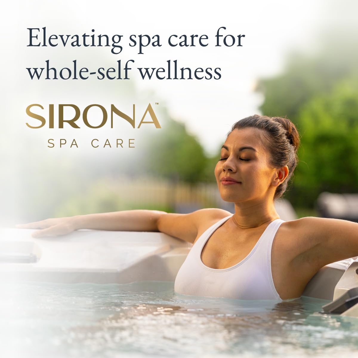 Sirona product placed beside a clean hot tub illustrating clear water maintenance