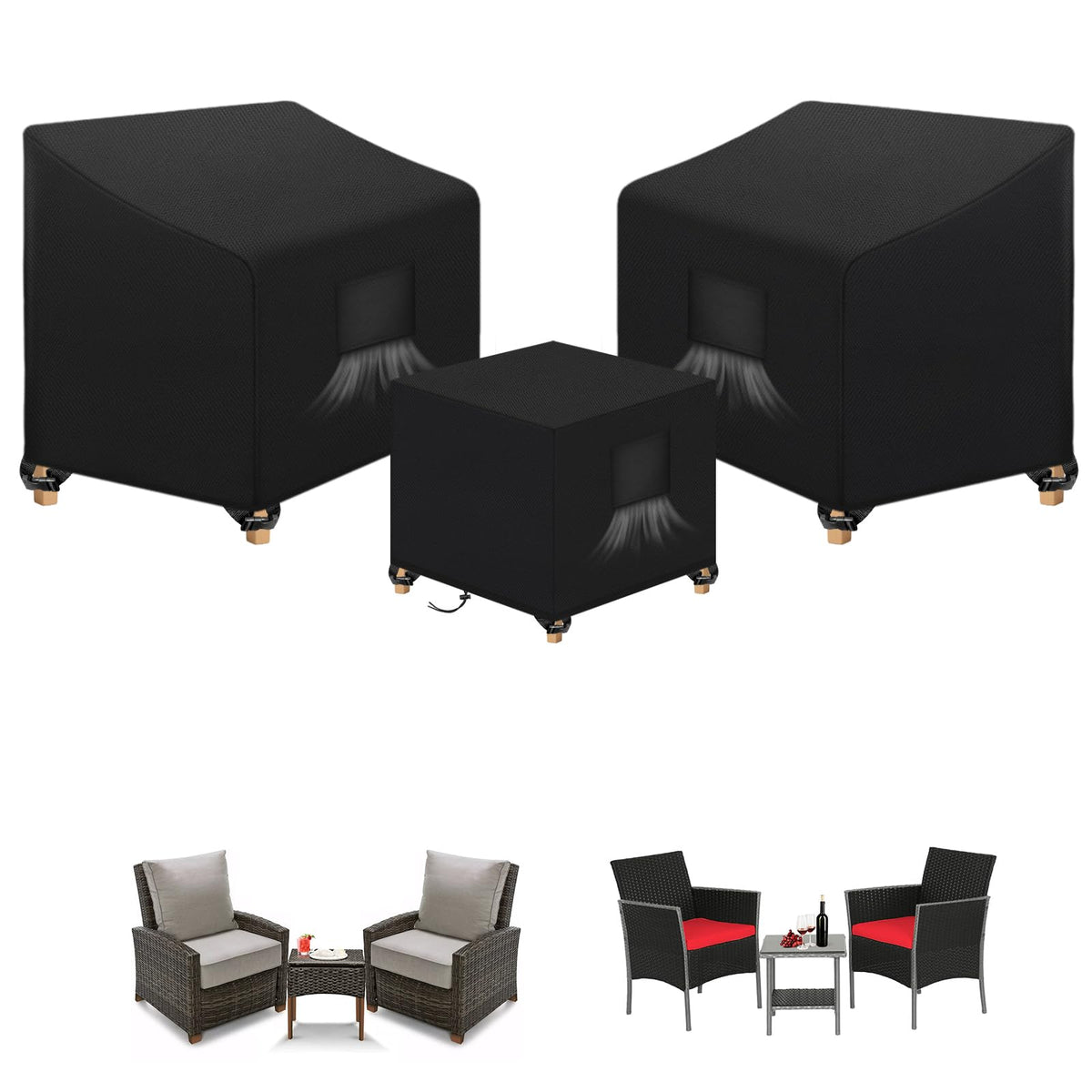 SIRUITON front view showing full 3-piece cover set protecting bistro furniture