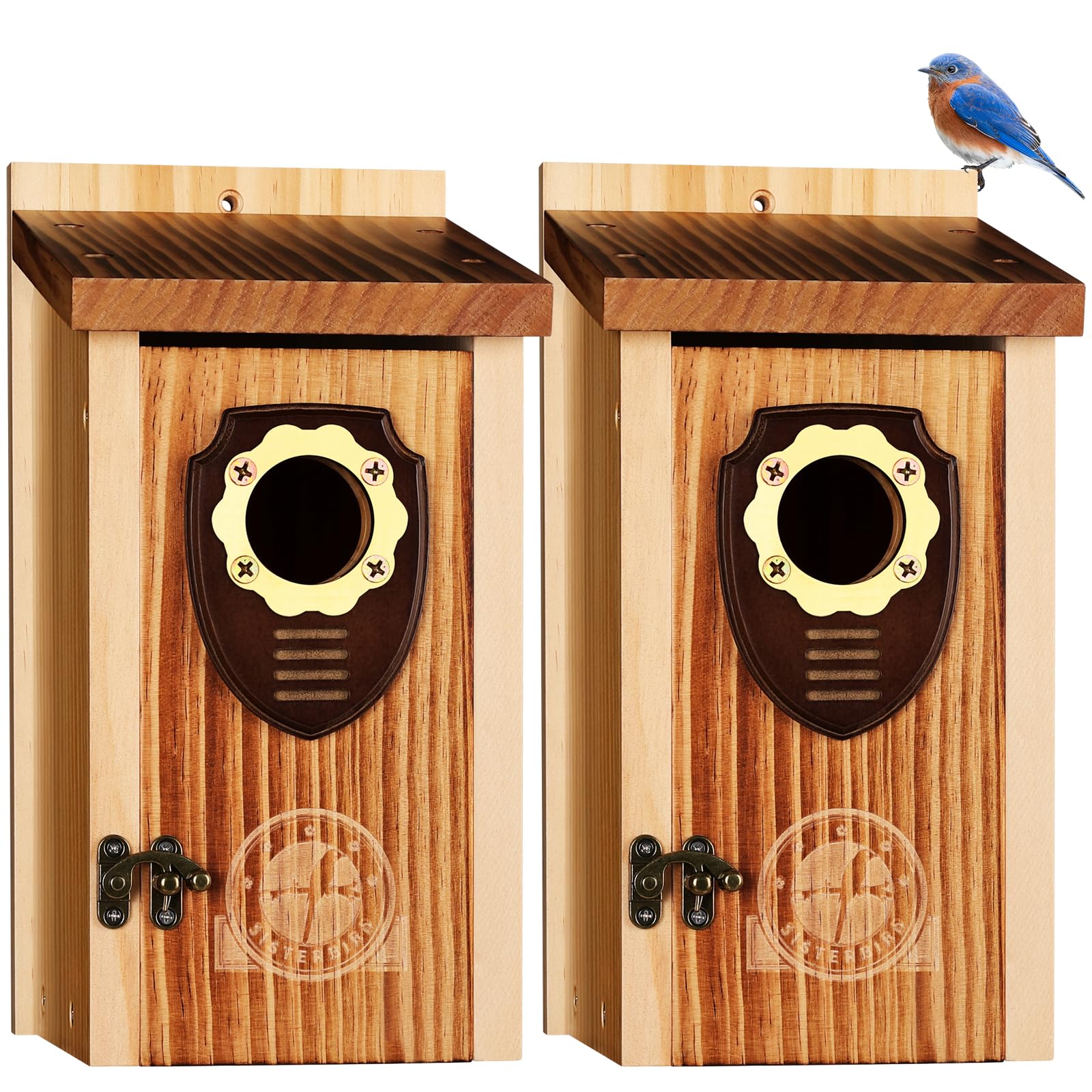 SISTERBIRD front view of two assembled bird houses showing ready-to-hang benefit