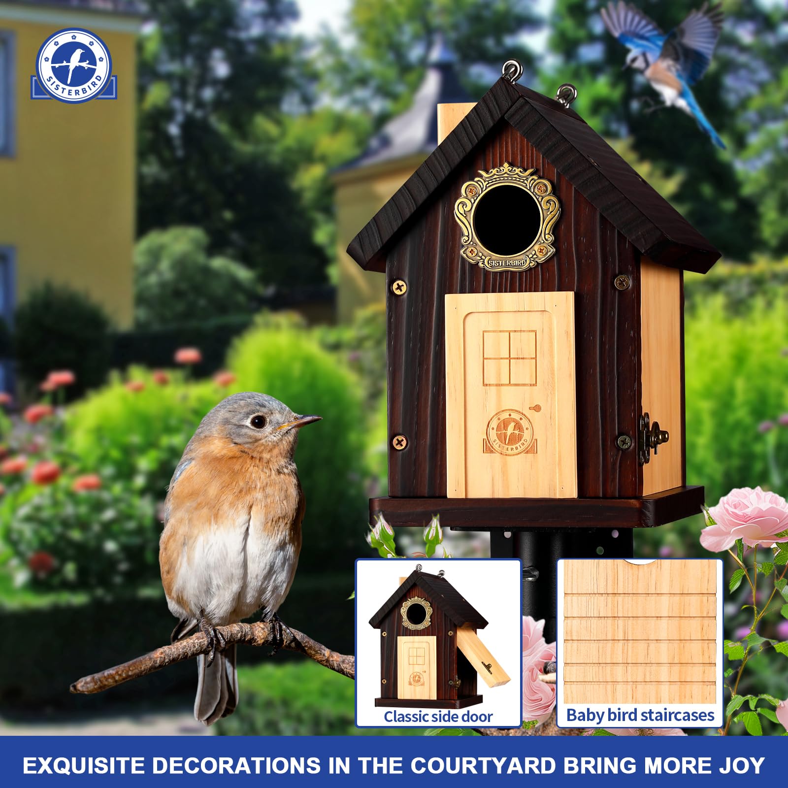 SISTERBIRD hanging hook and mounting options for easy tree or eave installation