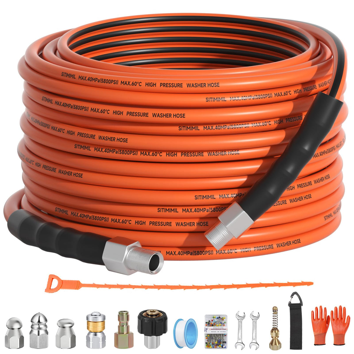 SITIMIMIL front kit layout showing hose, nozzles, and accessories for ready-to-use cleaning