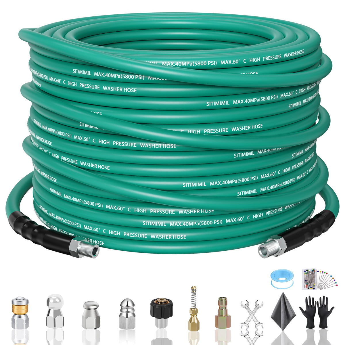 SITIMIMIL front packaging of 50FT sewer jetter kit showing full set benefits