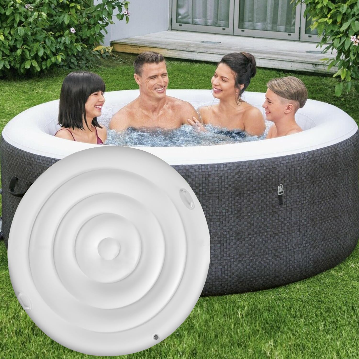 Sitroasho cover outdoors in snow and rain protecting hot tub and reducing heat loss