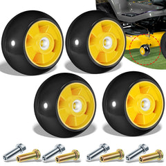 sixcow front view of four yellow gauge wheels showing fit and visibility benefit