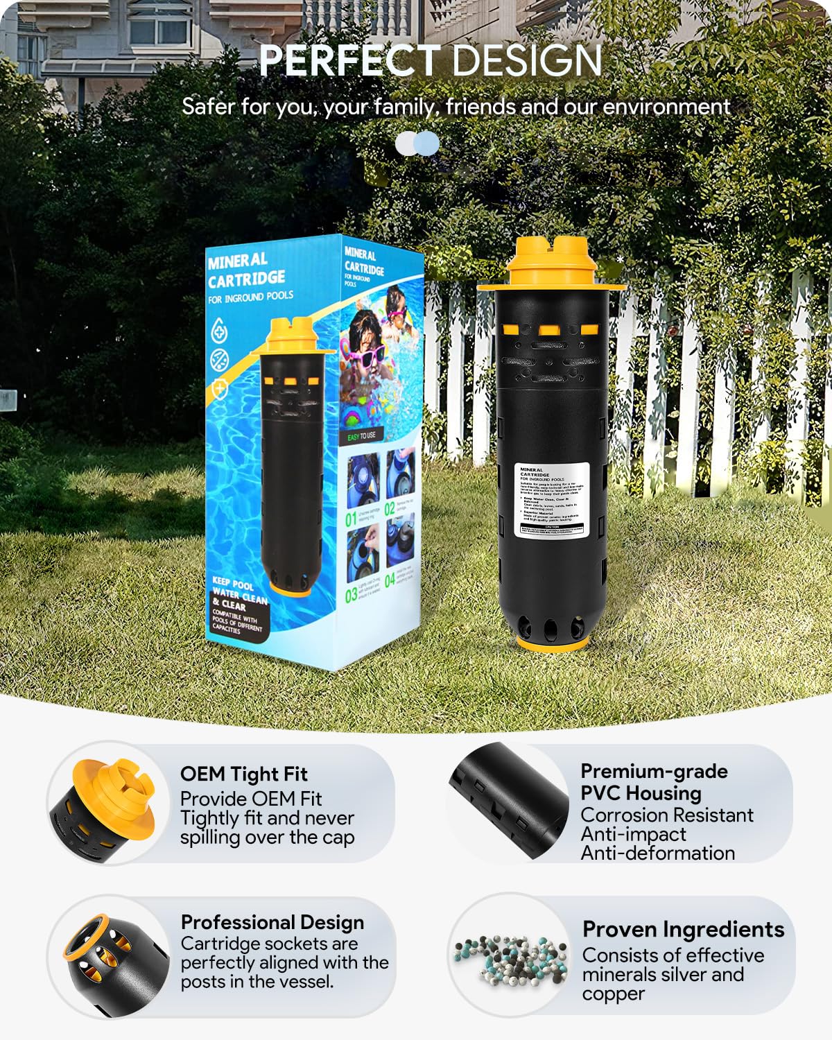sixcow cartridge beside backyard pool demonstrating clear water maintenance benefit