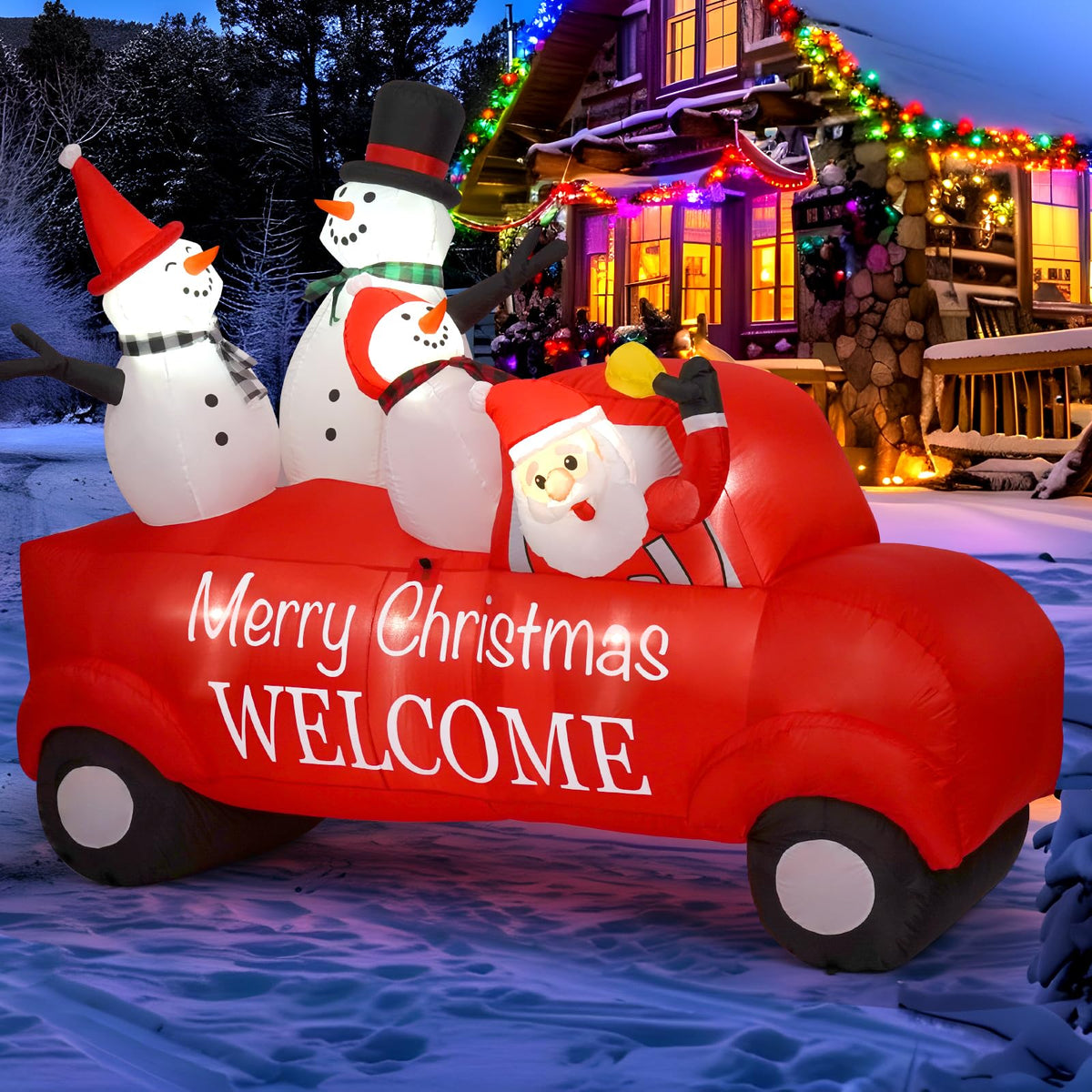 Sizonjoy front view of Santa and three snowmen, bright holiday curb appeal