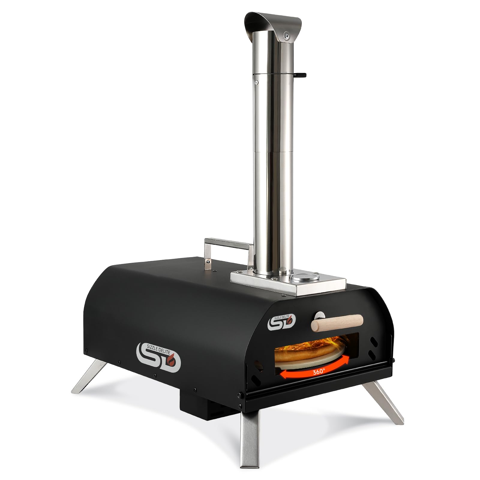 SizzleDelite front view of stainless-steel oven showing compact design and portability benefit