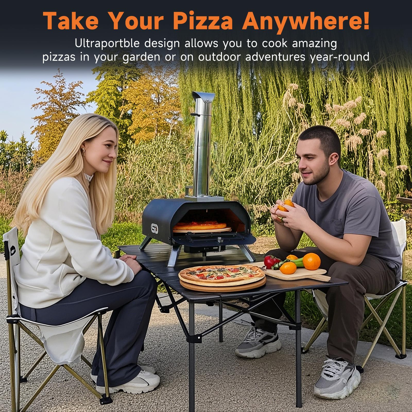 SizzleDelite on a backyard table with friends showing outdoor entertaining convenience benefit