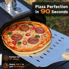 SizzleDelite rotating 12-inch pizza stone detail showing even-cooking capability benefit