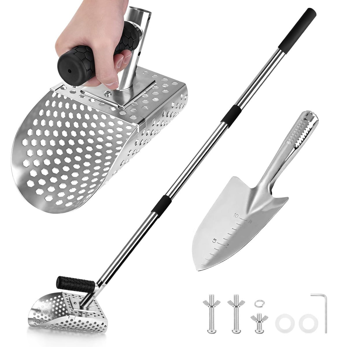 SJSHAL front view of stainless steel sand scoop showing durable blade benefit