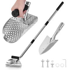 SJSHAL front view of stainless steel sand scoop showing durable blade benefit