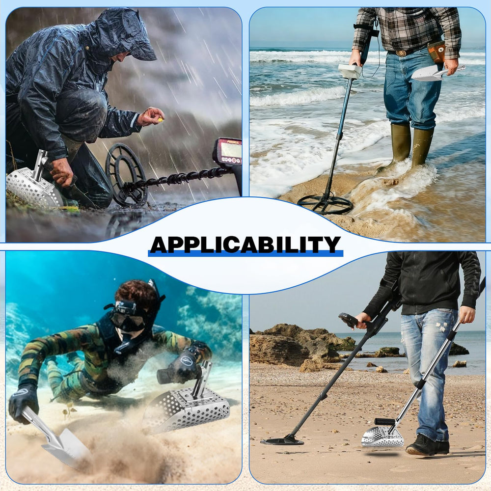 SJSHAL lifestyle shot on beach with detector highlighting efficient sifting