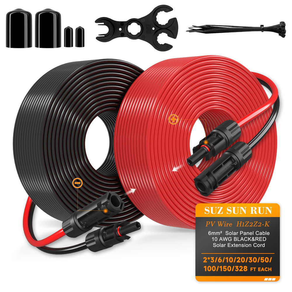SJZ SUN RUN front packaging showing red and black 150ft cables and connectors, clear product ID and benefit