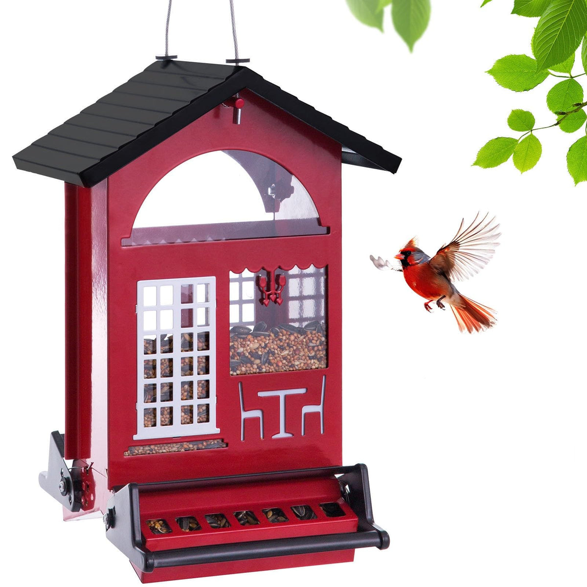 skaithee front view of red metal seed house feeder showing feeding ports and perch, durable design