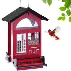skaithee front view of red metal seed house feeder showing feeding ports and perch, durable design