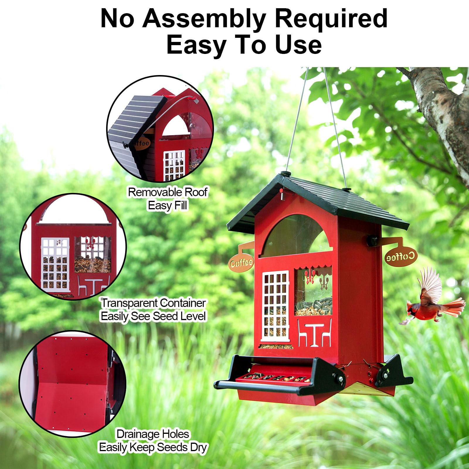 skaithee feeder in use with a cardinal perched, bright design attracts songbirds effectively