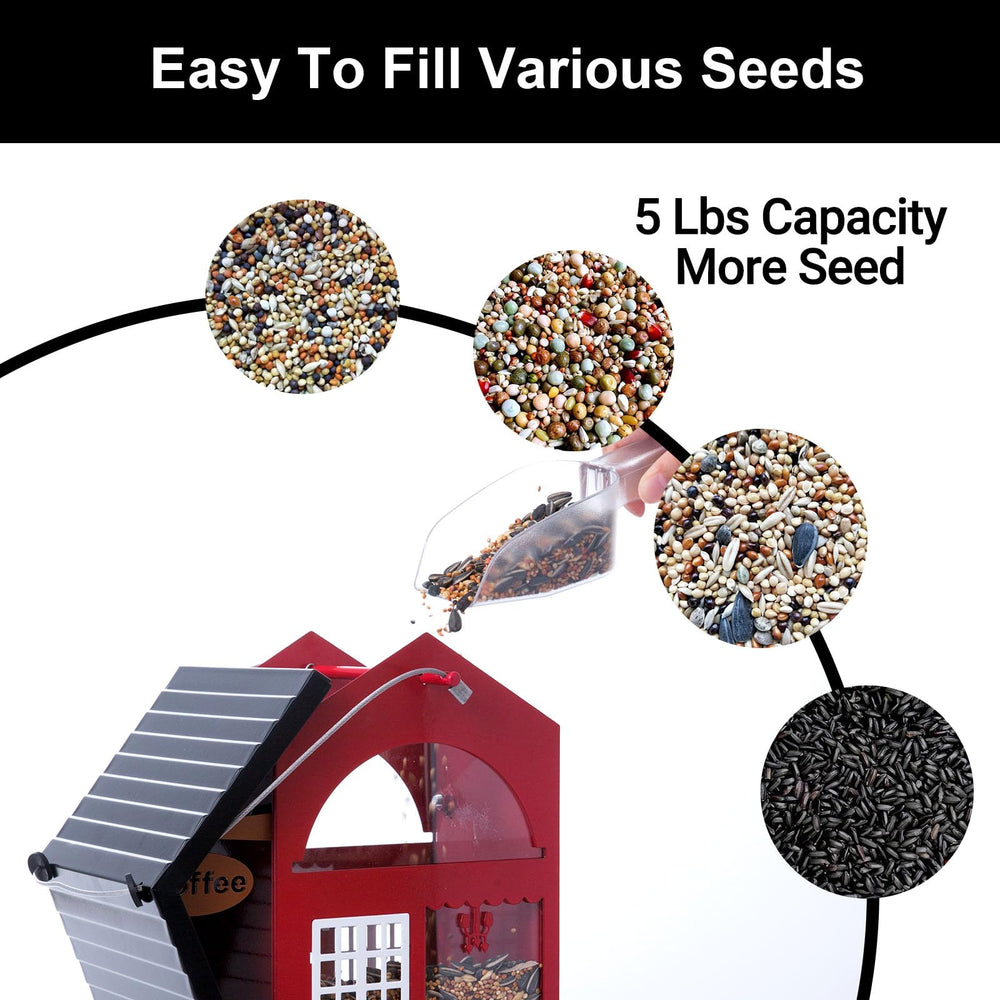 skaithee feeder next to a ruler and hand showing 5 lb capacity and compact outdoor scale