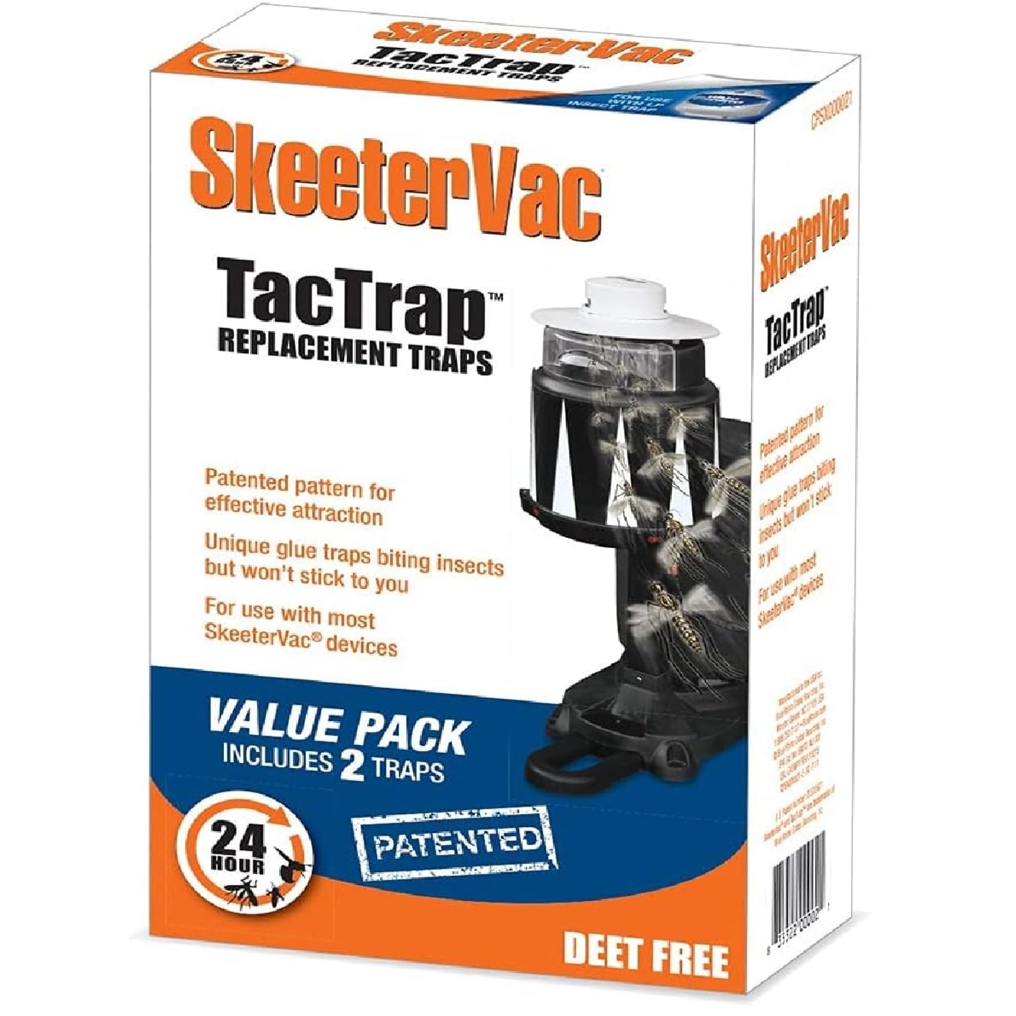 SkeeterVac front packaging showing two TacTrap replacement sheets for easy restocking