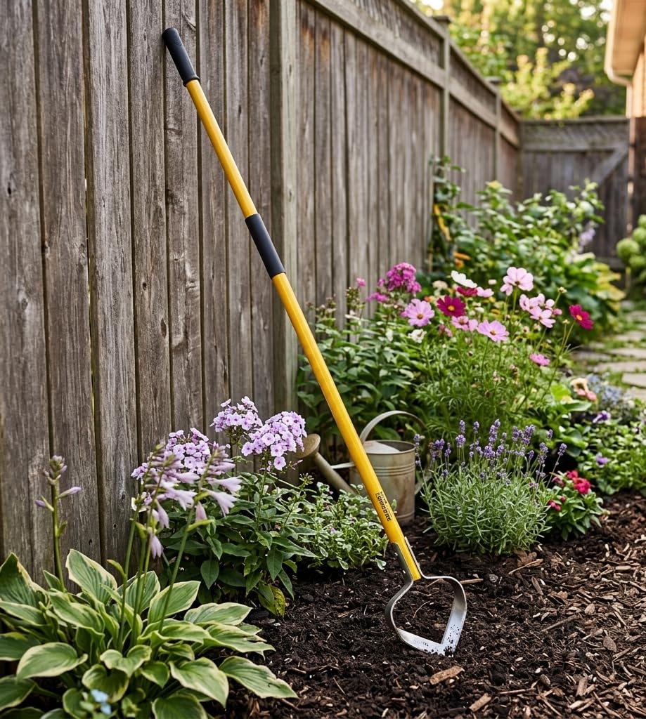 Skidger in garden bed being used for quick weed removal and soil prepping