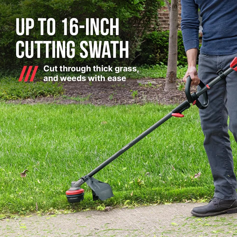 SKIL trimming tall grass with 16-inch swath showing faster yard coverage benefit