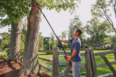 Skil pole saw in use cutting a high branch without a ladder safely
