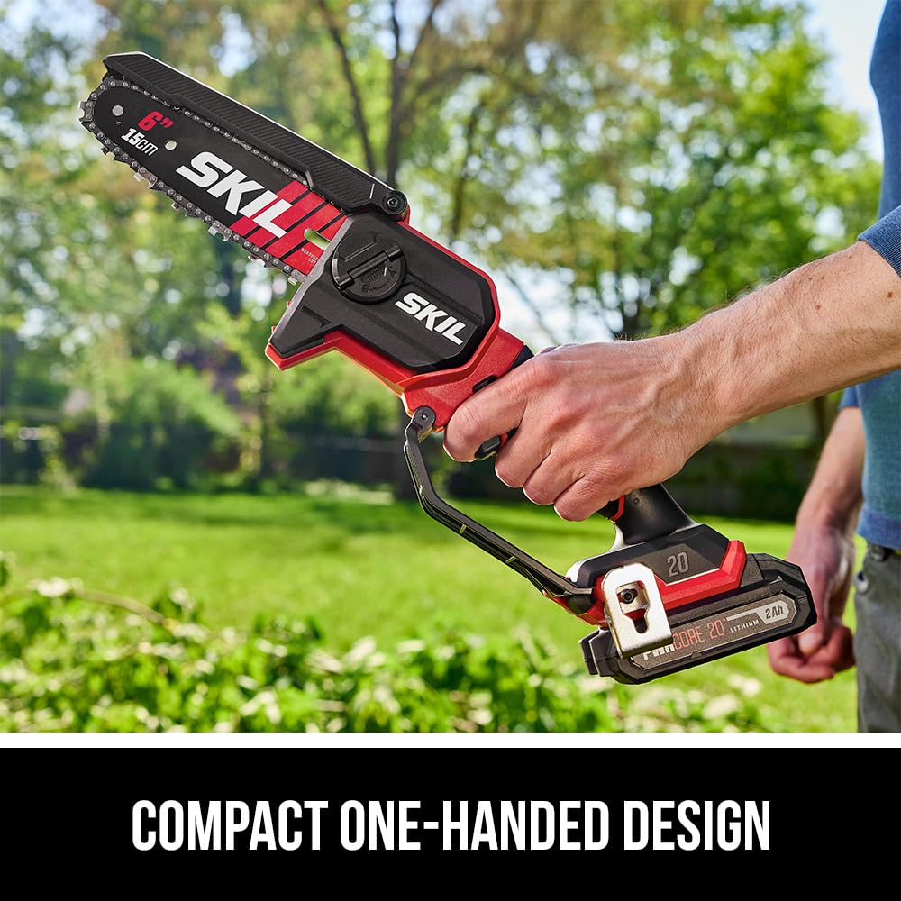 SKIL PWR CORE 20 close-up of chain and bar highlighting tool-free tensioning benefit