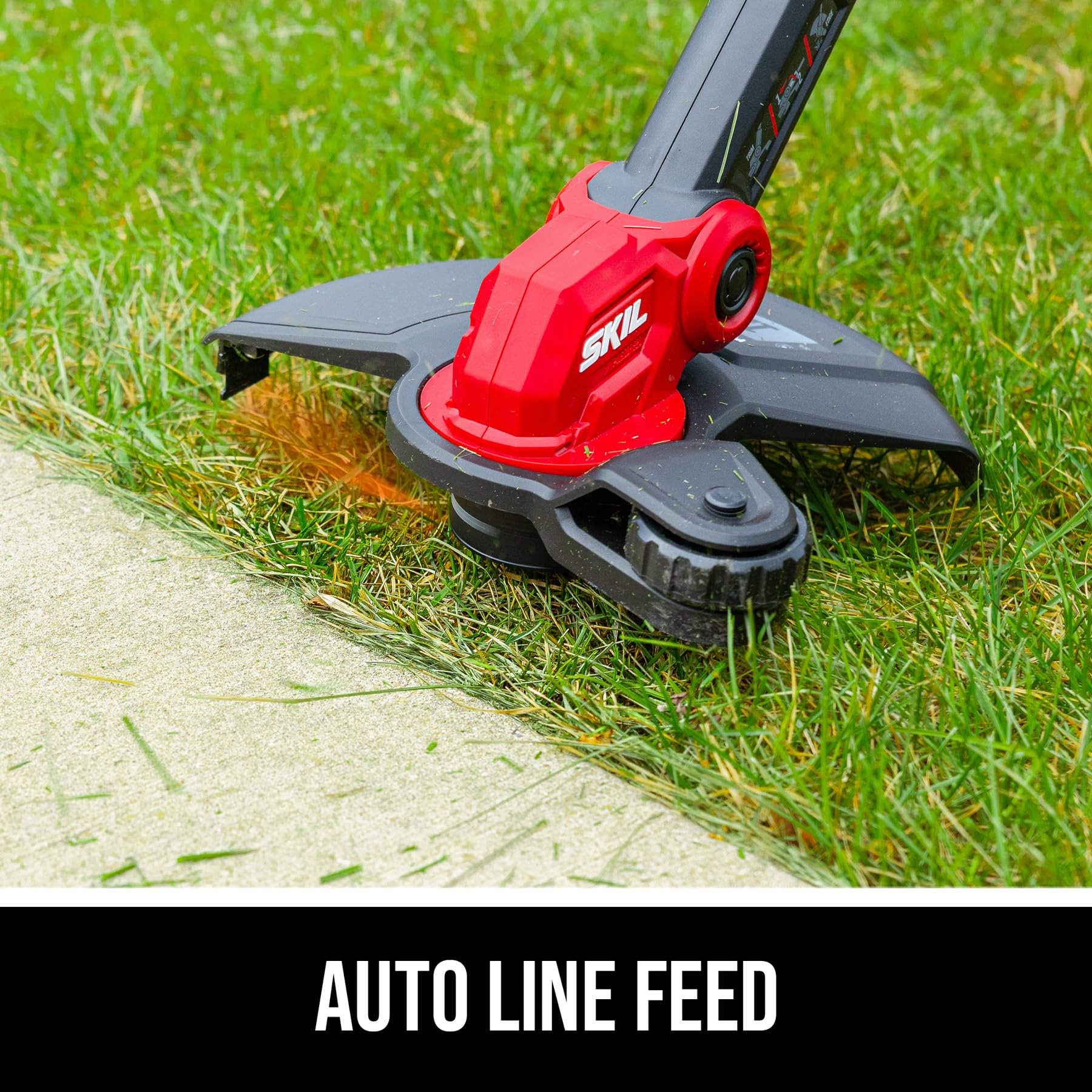 SKIL trimmer head close-up showing auto line feed for uninterrupted trimming