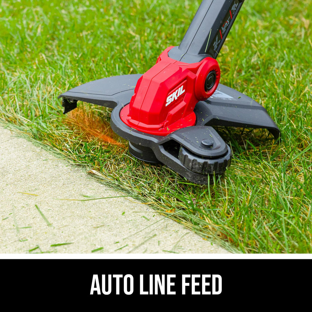 SKIL trimmer head close-up showing auto line feed for uninterrupted trimming