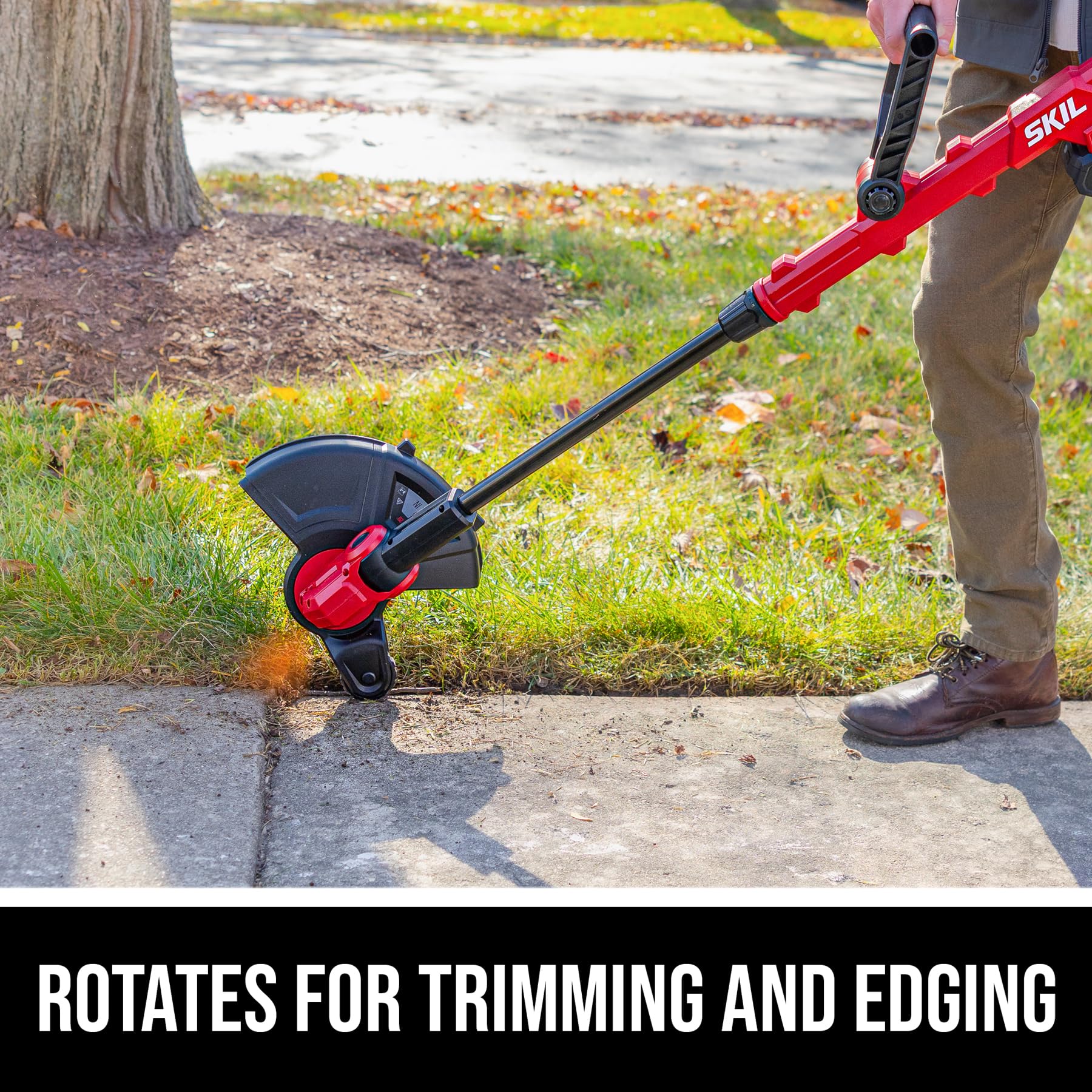 SKIL trimmer in action cutting a lawn showing efficient 12-inch swath