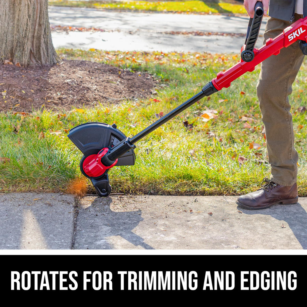 SKIL trimmer in action cutting a lawn showing efficient 12-inch swath