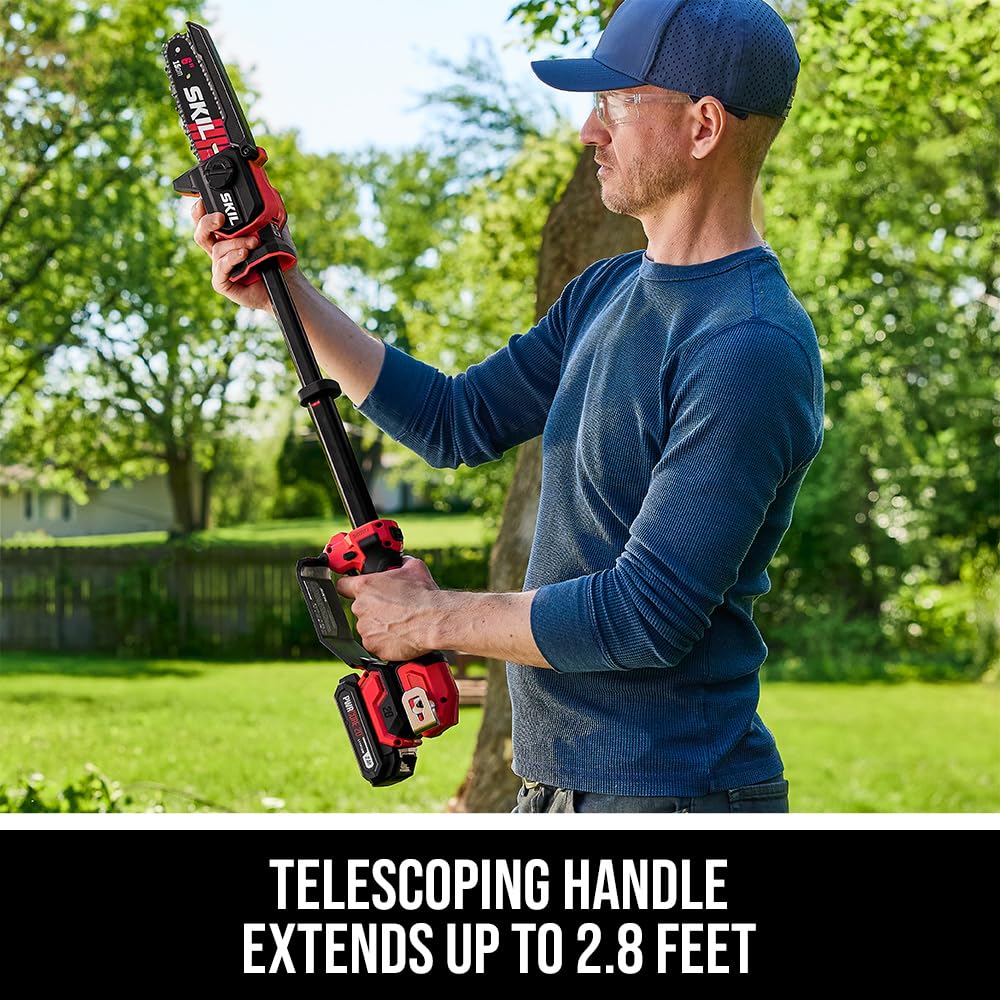 SKIL PWR CORE 20 telescopic saw extended to show increased reach benefit