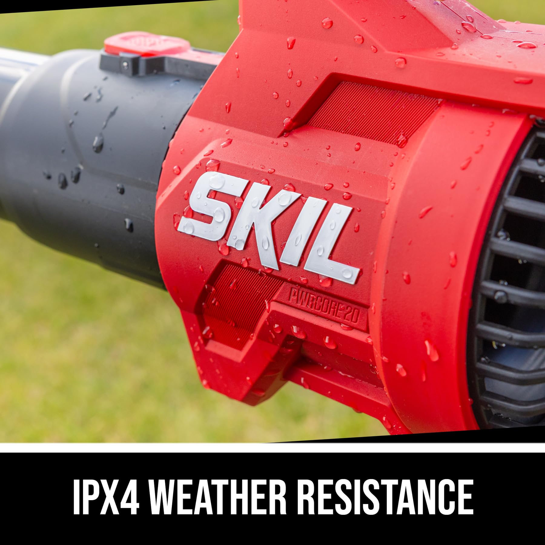 SKIL PWR CORE 20 being used on a driveway clearing leaves quickly and cleanly