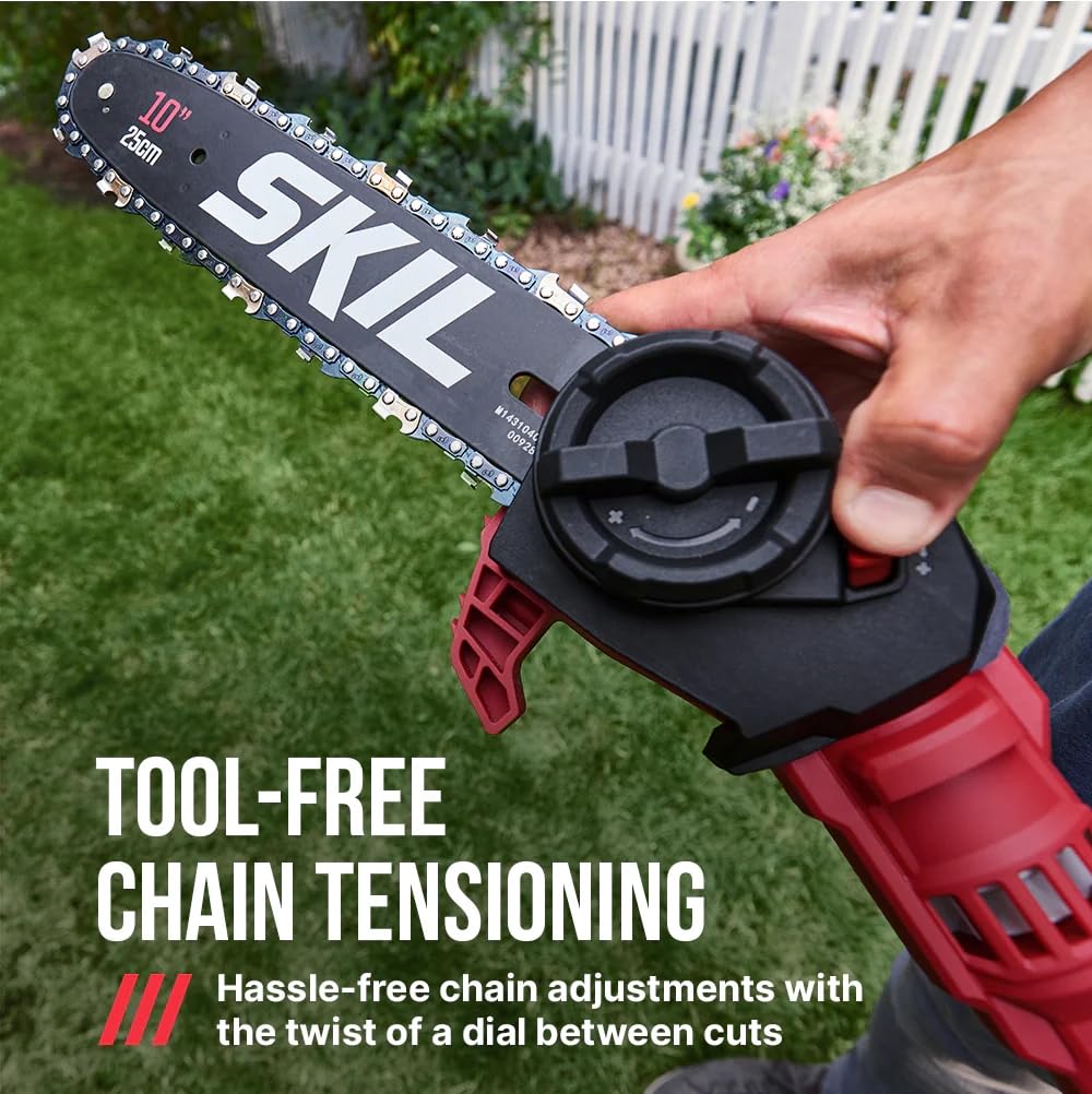 SKIL PWR CORE 40 close-up of angled 10-inch head showing improved cutting access benefit