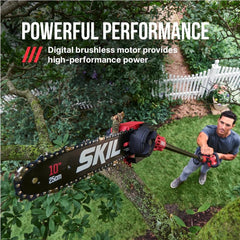 SKIL PWR CORE 40 tool-less chain tension dial detail showing fast on-site adjustments benefit