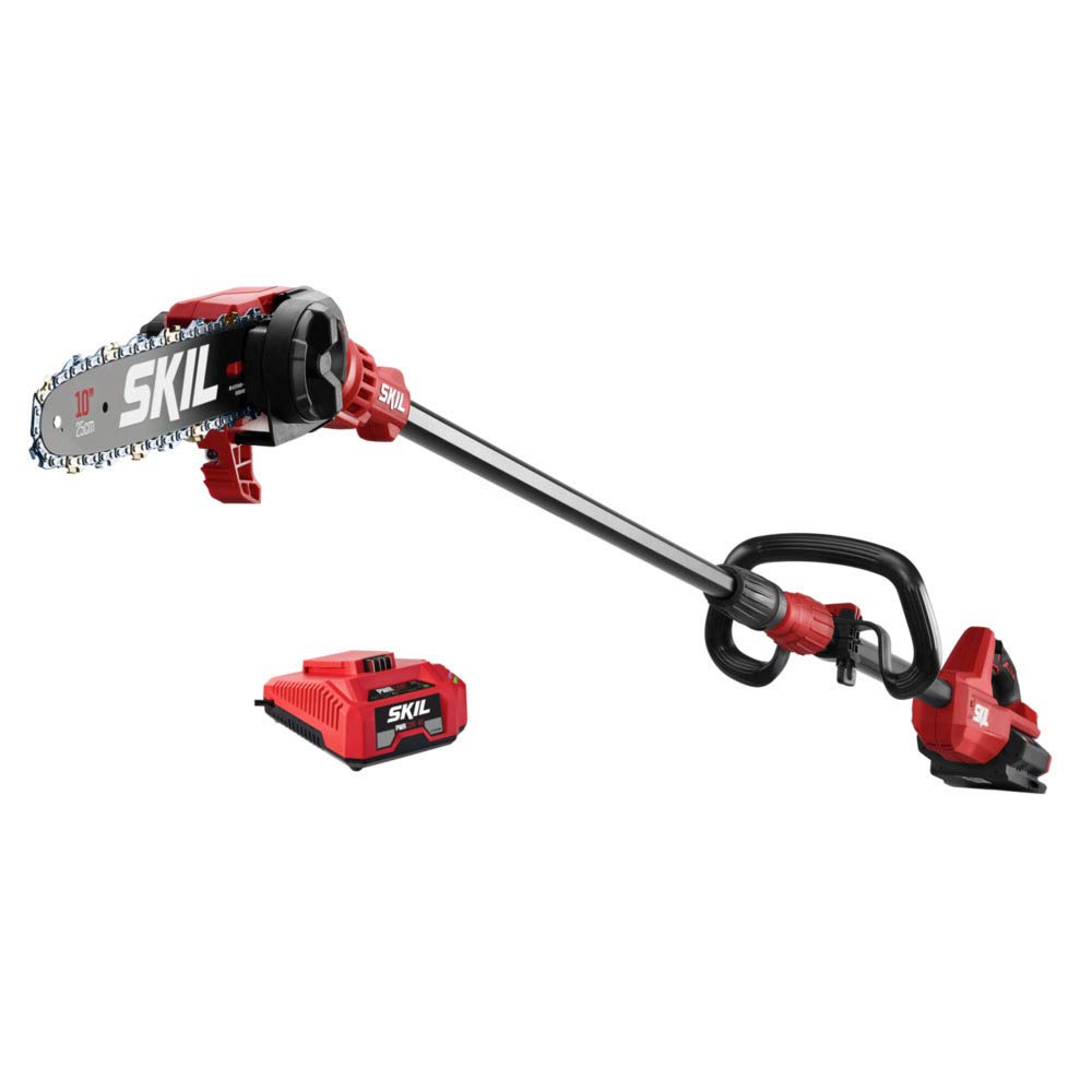 SKIL PWR CORE 40 front view of pole saw kit showing included items and compact storage benefit
