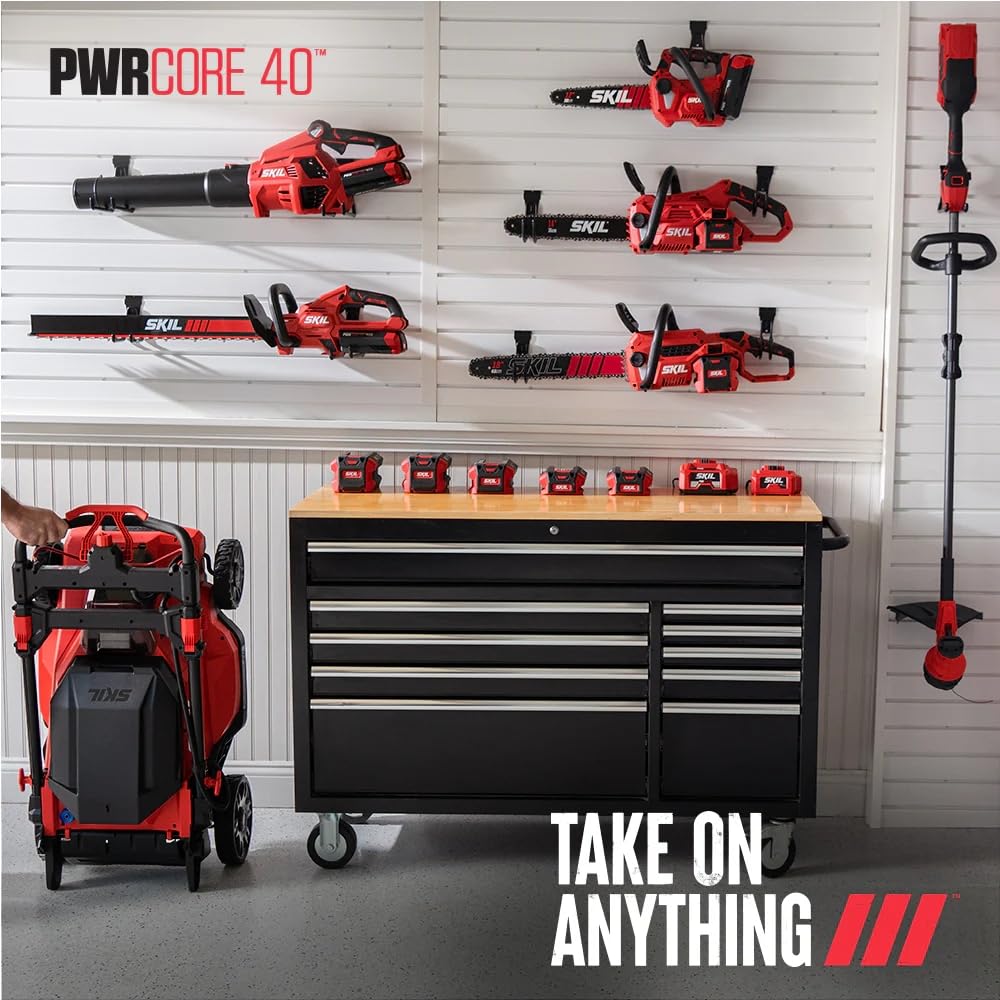 SKIL PWR CORE 40 in yard use cutting a branch showing safe overhead trimming benefit